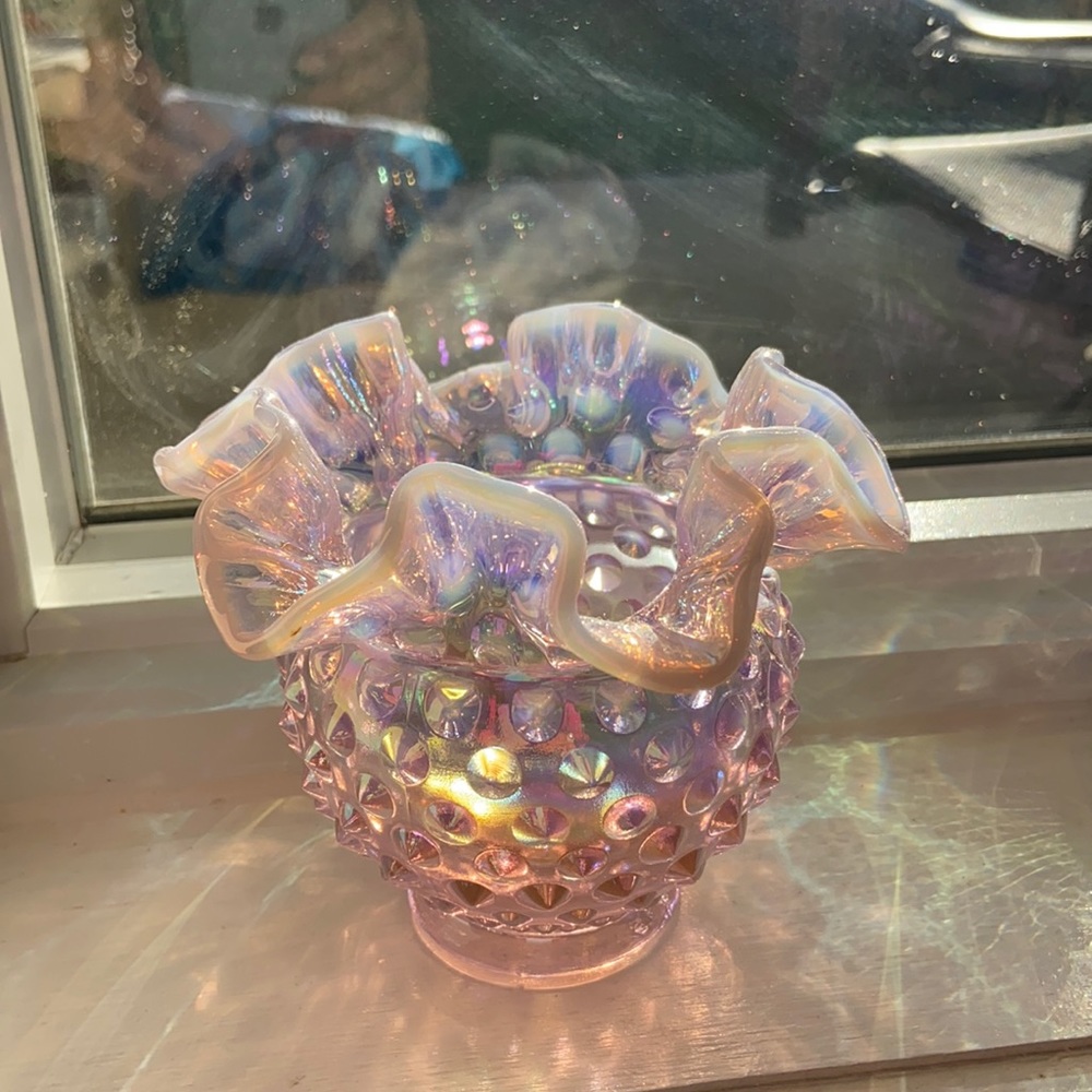 Pink opalescent Fenton dish